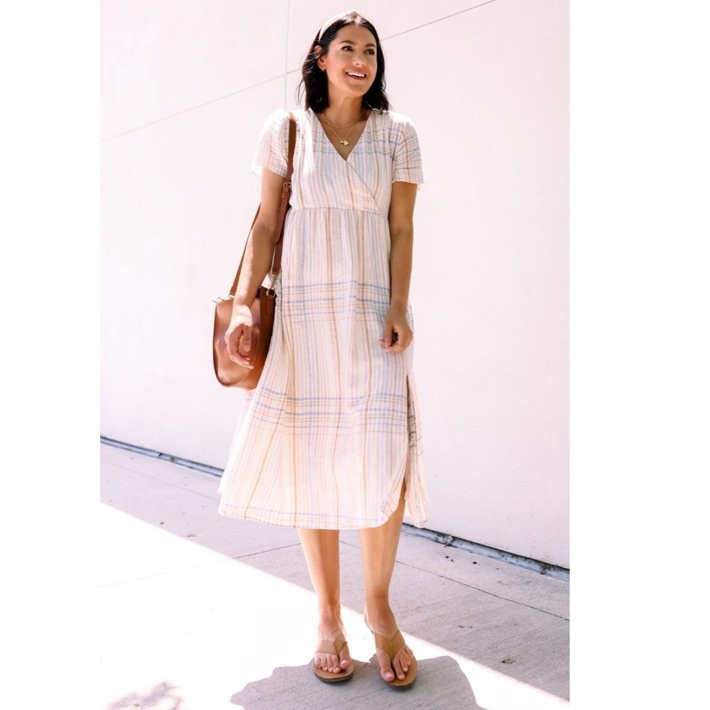 Madewell Clara Midi Dress Small Pastel Plaid White Short Sleeve V-Neck Sundress